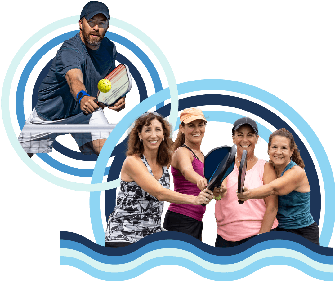 A man playing pickleball and a group of female pickleball players posing for a photo.