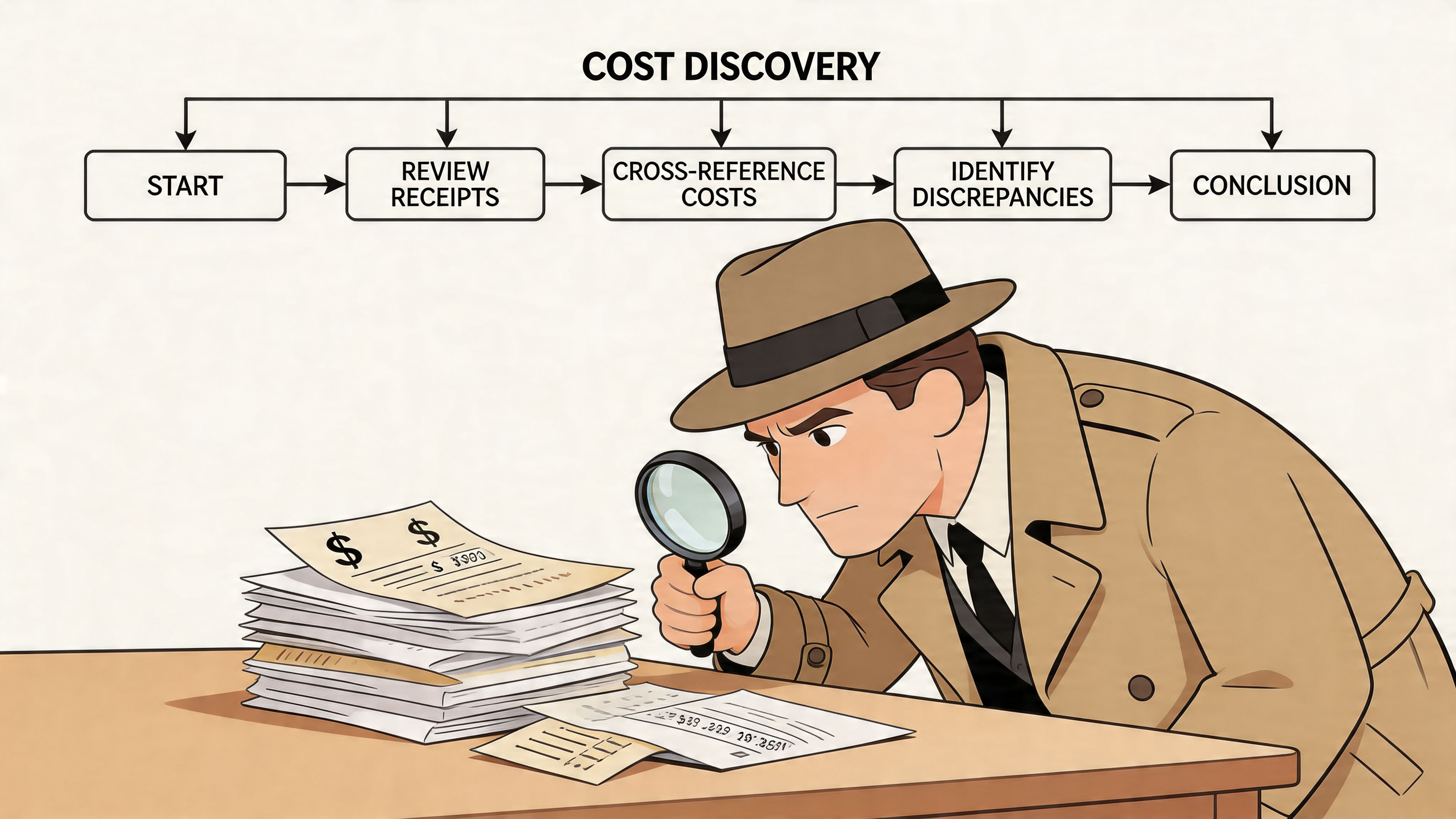 A detective with a magnifying glass examining a large pile of receipts and financial documents for cost analysis.