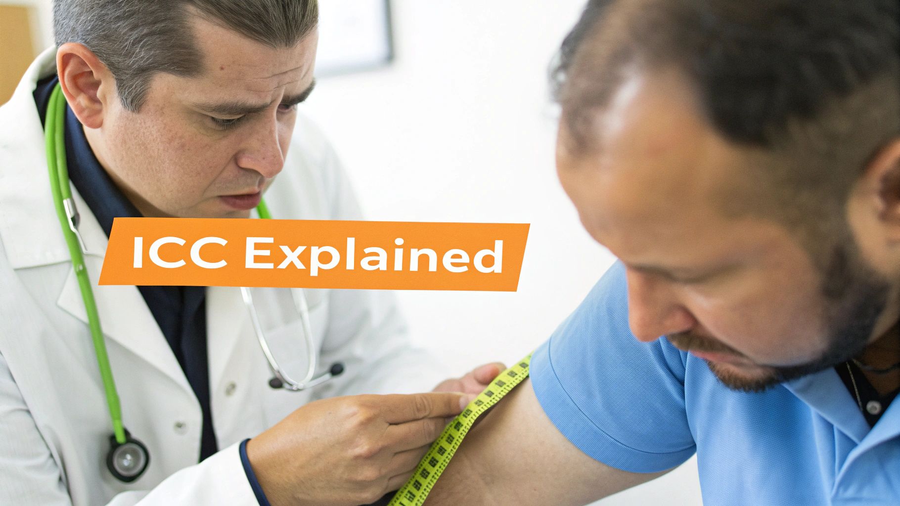 Doctor measuring patient's arm circumference with tape measure explaining ICC medical assessment procedure