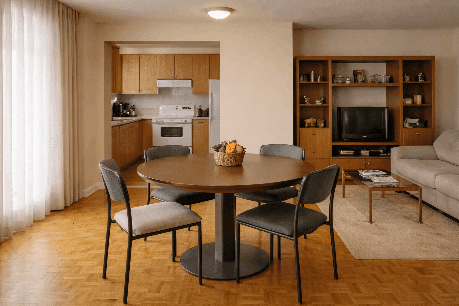 A cozy, modern living room with a round wooden dining table and four chairs, adjoining a minimalist kitchen with wooden cabinetry and stainless-steel appliances.