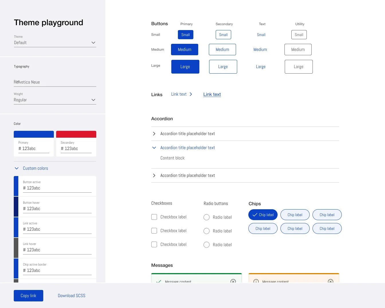 The Theming Playground prototype, letting anyone edit colors at the component or template level with real-time WCAG compliance flags