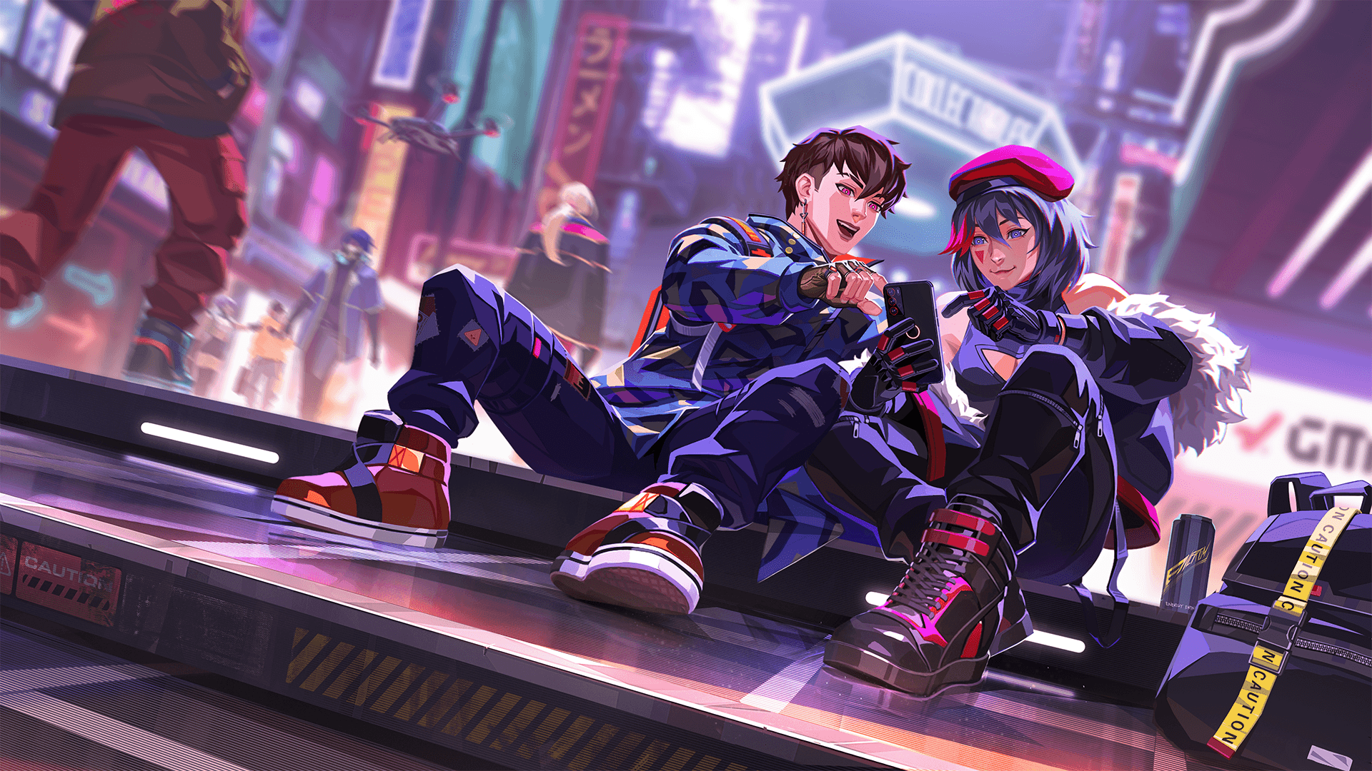 Two stylized game characters sitting together and looking at a handheld device.