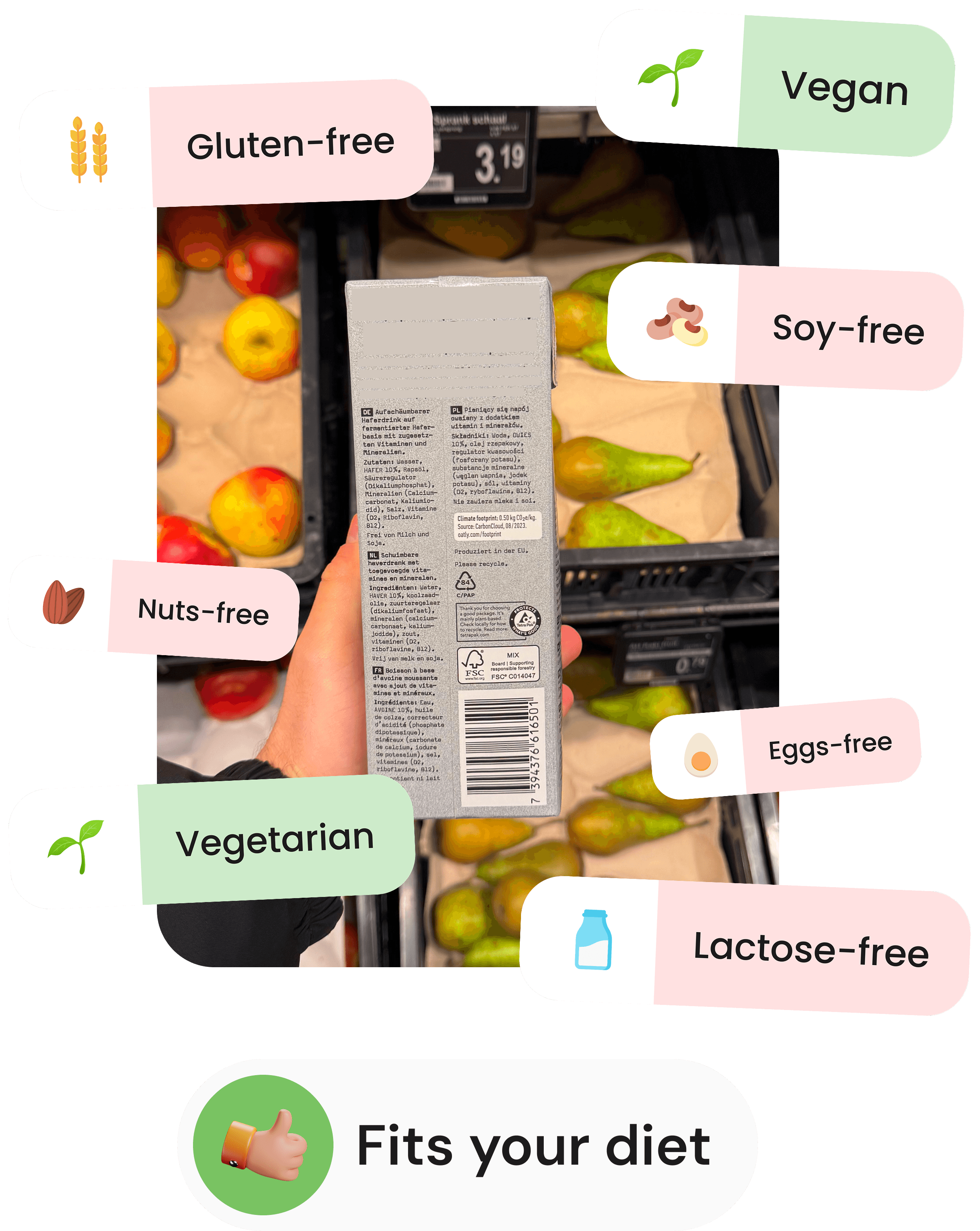 User interface of the barri app's barcode scanner feature. Diets are Vegan, vegetarian, gluten-free, lactose-free