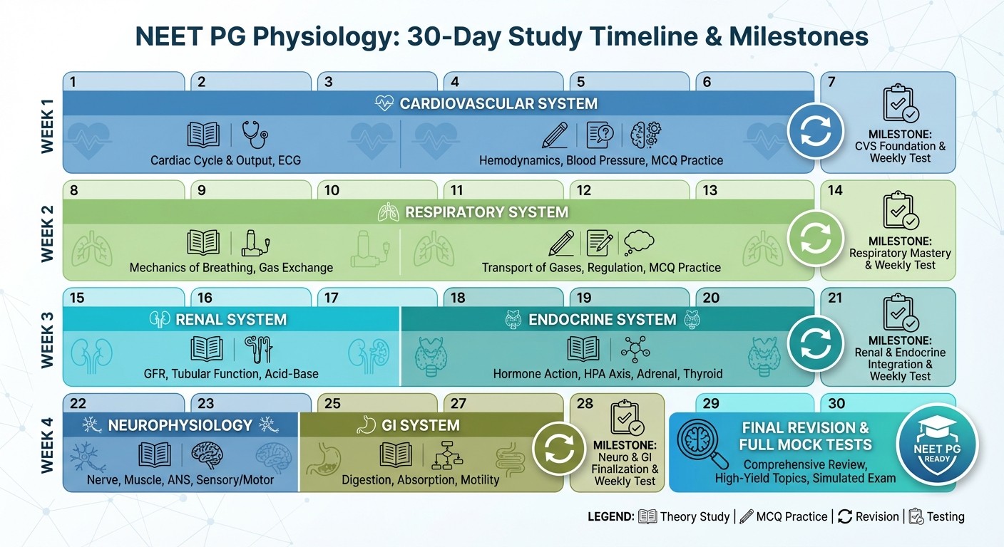 30-day physiology study timeline for NEET PG 2026 preparation