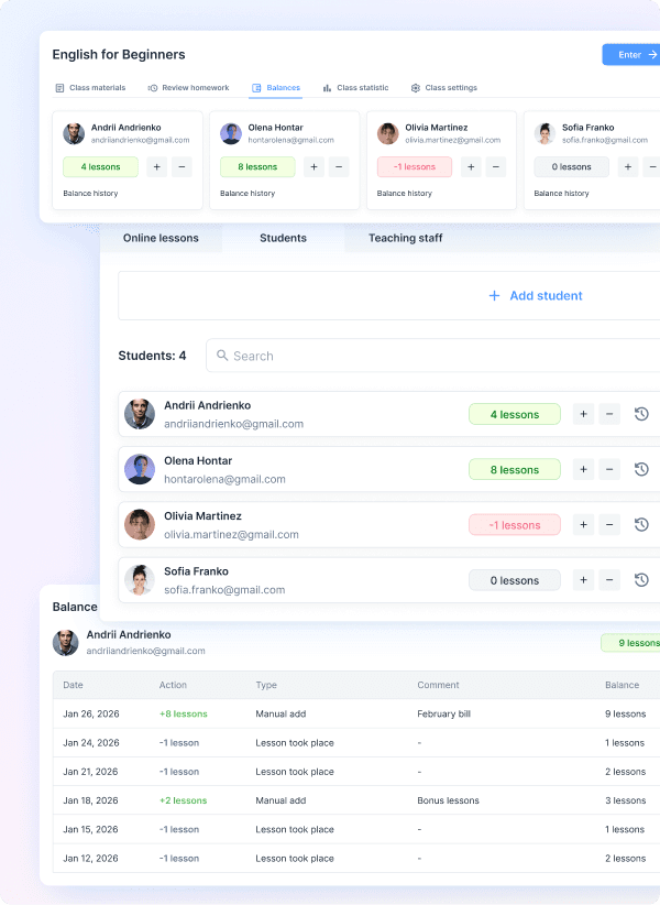 Student lesson balance tracking for language schools — edio platform