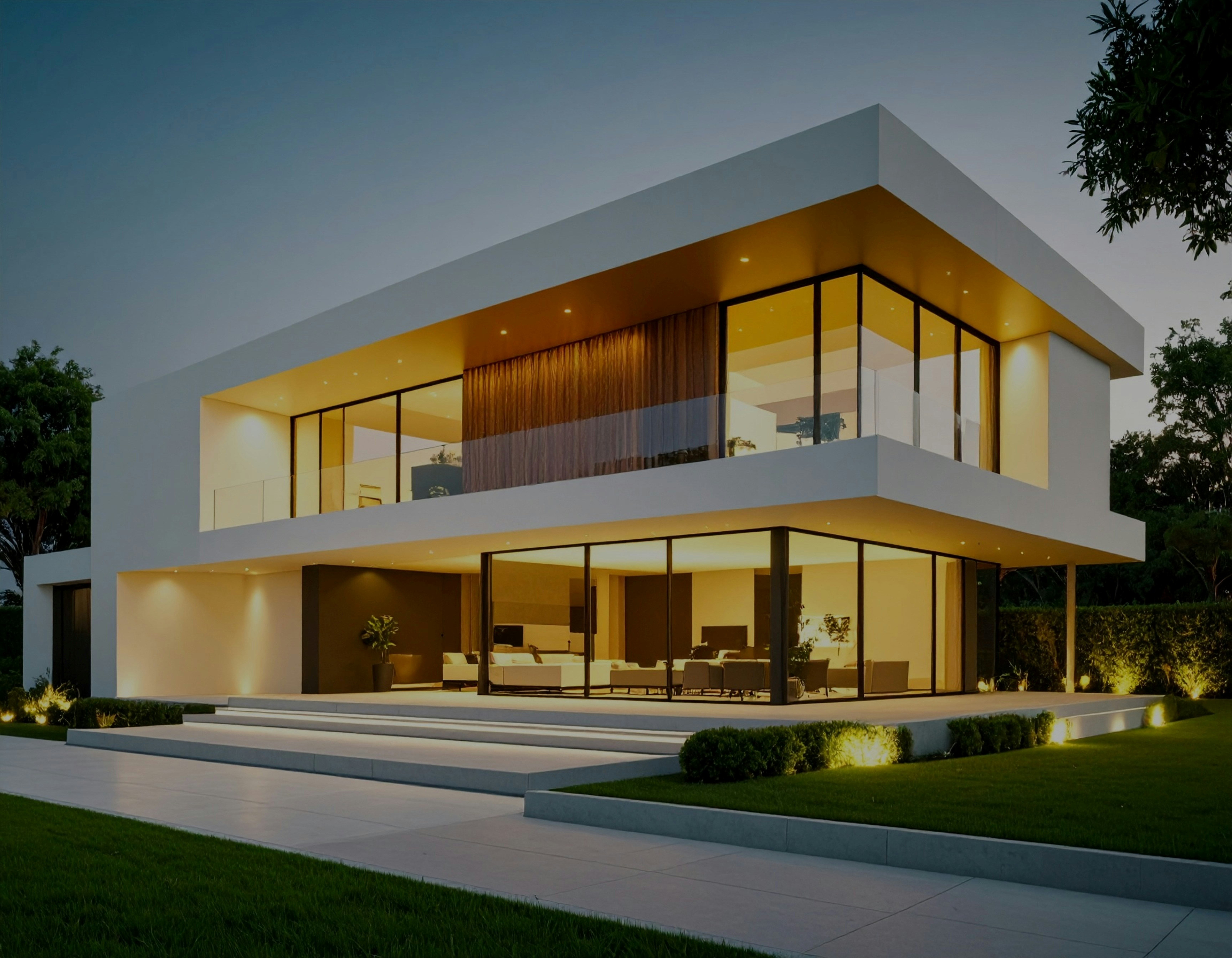 Modern house exterior glows with lights.