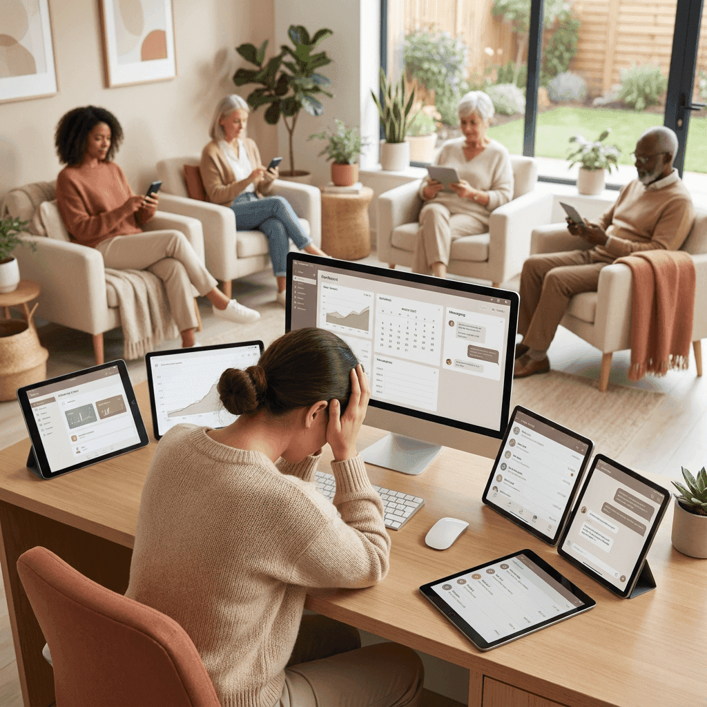 A receptionist switching between apps for patient management
