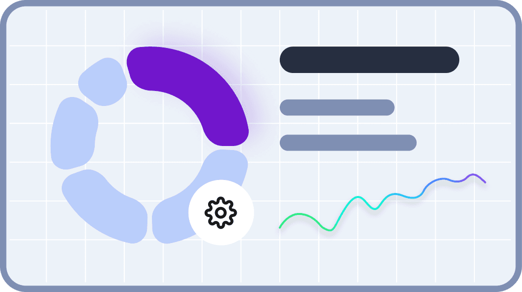 A digital dashboard displays an abstract circular graph in shades of purple and blue on the left, accompanied by three horizontal bars on the right, and a fluctuating line graph at the bottom, symbolizing data analytics and progress tracking.