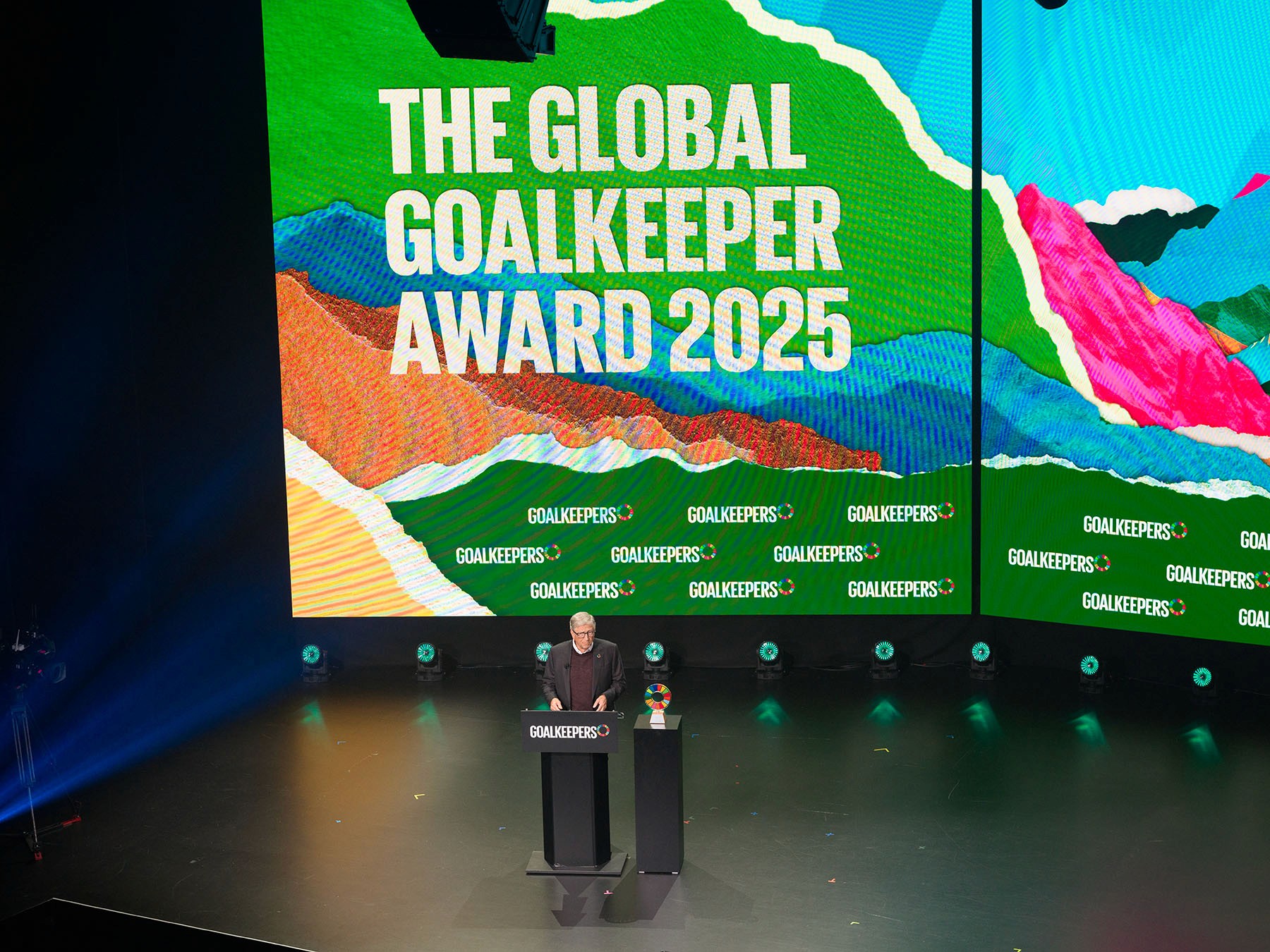Bill Gates speaks at the Global Goalkeepers Awards 2025 in New York, celebrating global health and education leaders.