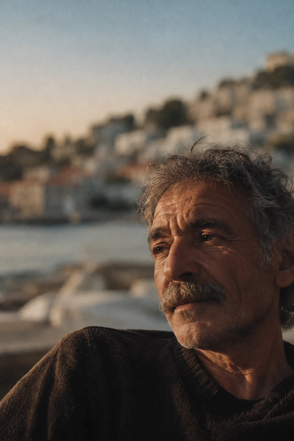 An older man with grey hair and a moustache in a dark sweater, a whitewashed hillside town and harbour behind him in evening light.