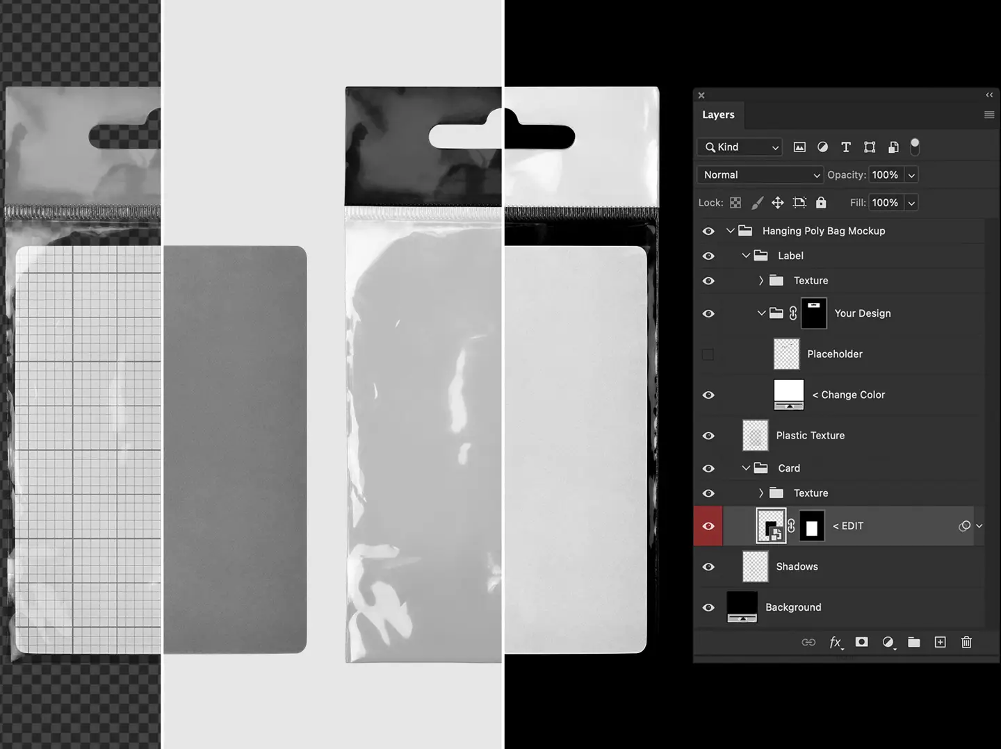 Technical view of the Hanging Poly Bag Mockup highlighting organized Photoshop layers and smart object editing for designs