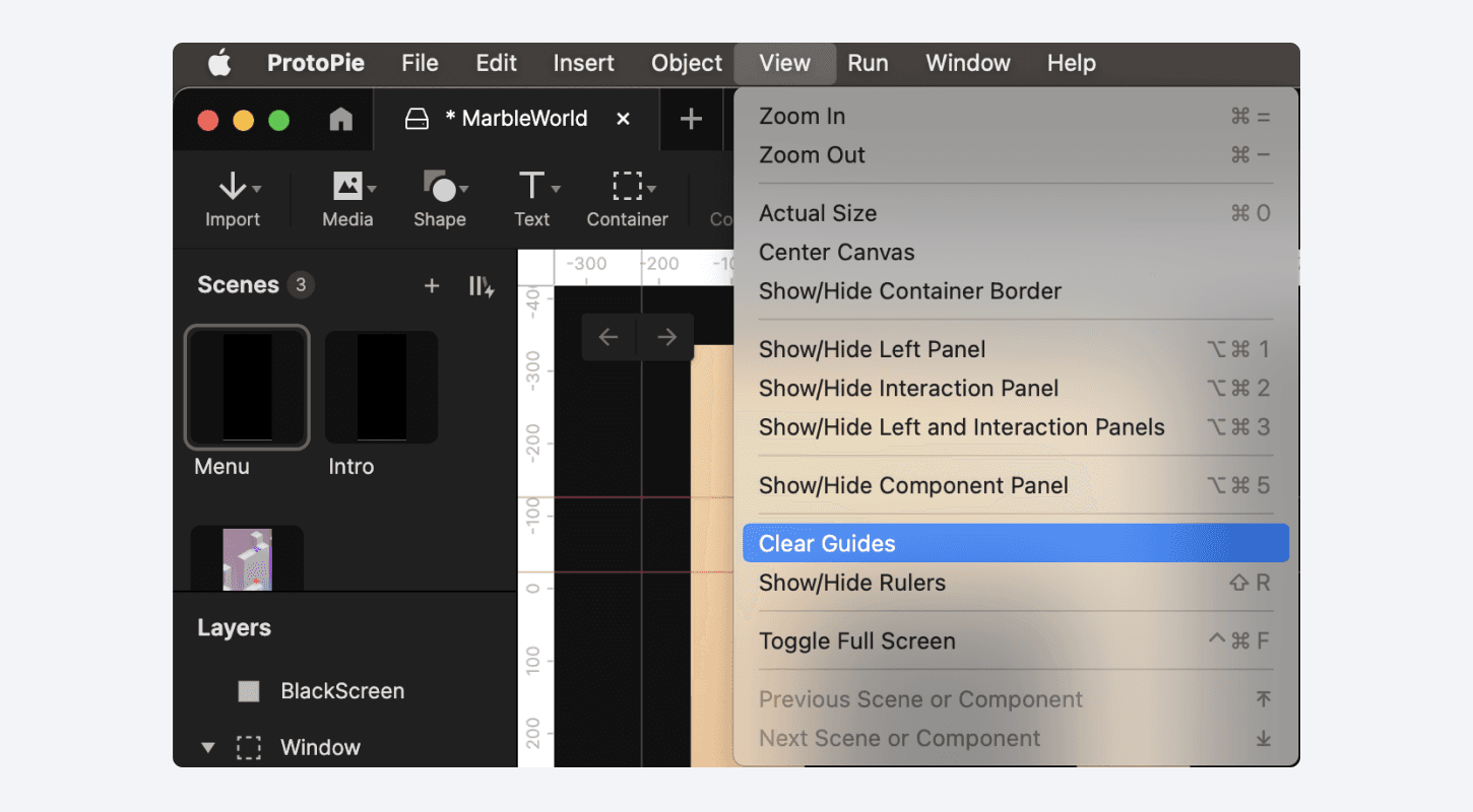{'_type': 'localeString', 'en': 'Select Clear Guides under View in the application menu to remove all guides.'}