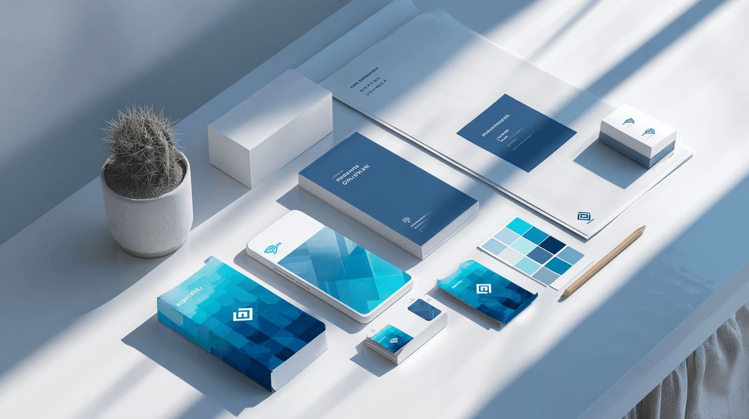 AI-generated fintech brand identity flat lay moodboard in navy and white, created with Midjourney by Huw Mathias