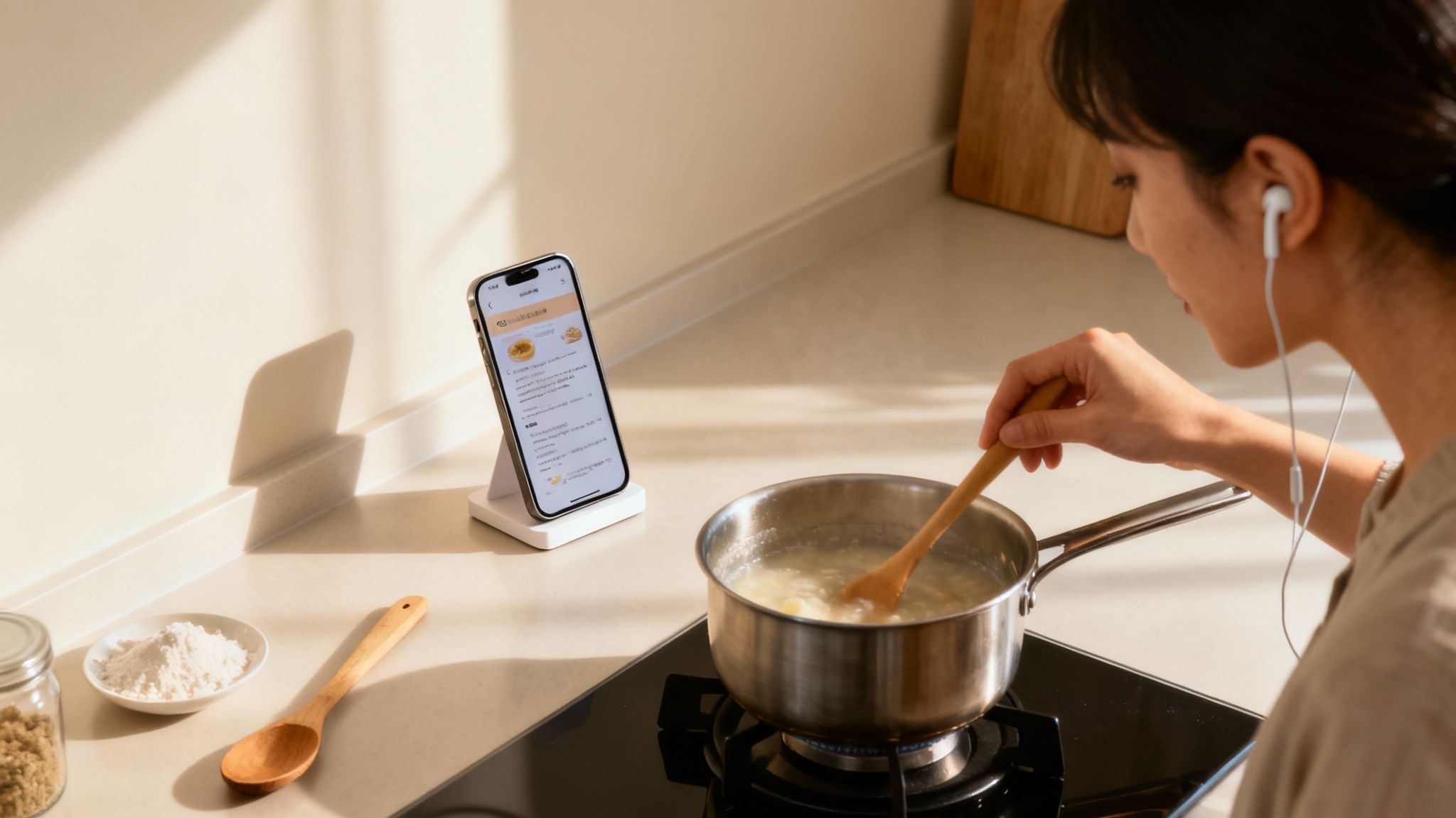 Speak4Me – A person is shown multitasking, cooking in the kitchen while listening to a recipe being read aloud from a tablet.