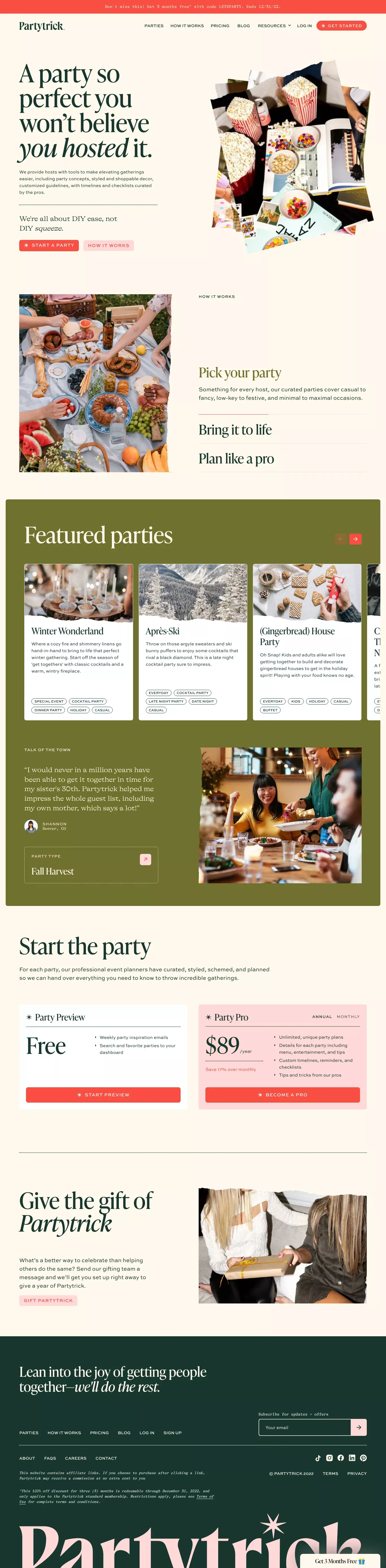 Partytrick landing page screenshot showcasing Event and Tech design