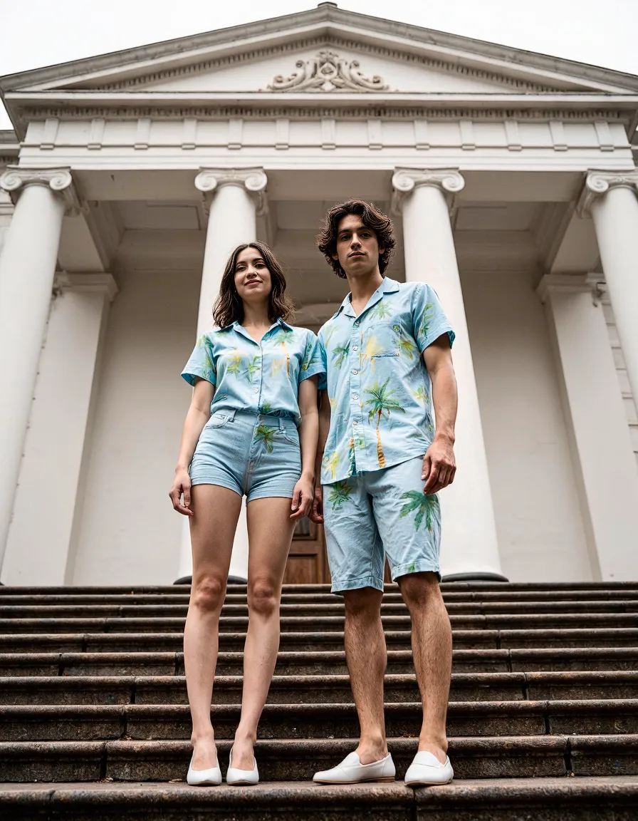 Two people wearing matching light blue tropical print outfits standing on stone steps in front of a classical building with columns