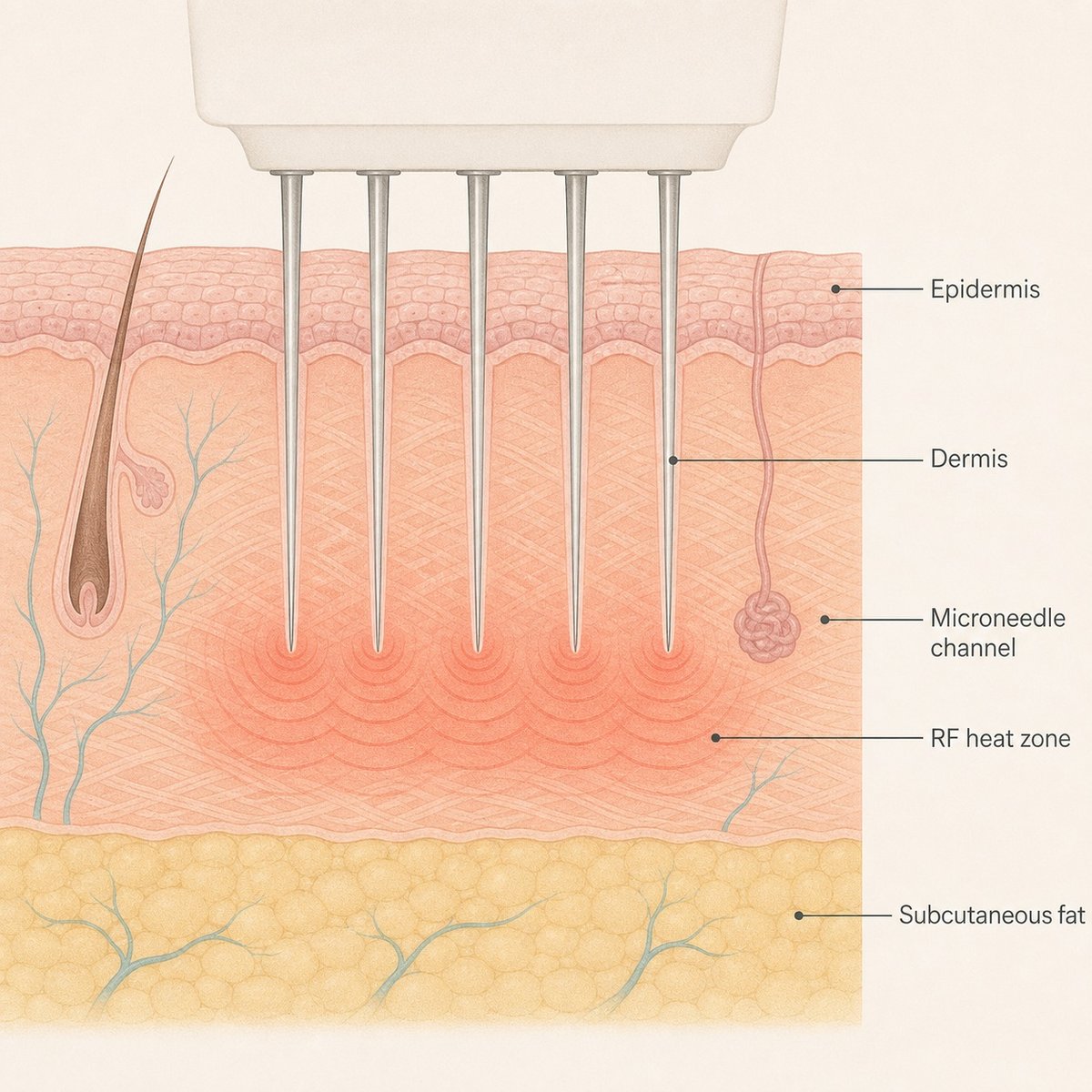 Cross-section diagram of Potenza microneedle RF energy reaching the dermis through the epidermis