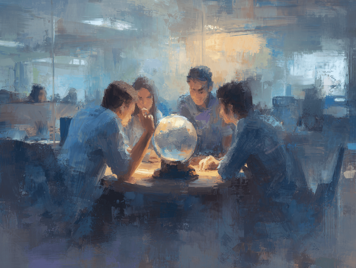 An impressionist-style digital painting shows four people sitting around a table, intently studying a glowing globe. Soft blue and amber tones create an atmosphere of focus and collaboration, suggesting teamwork, global strategy, or shared exploration in an office-like setting.