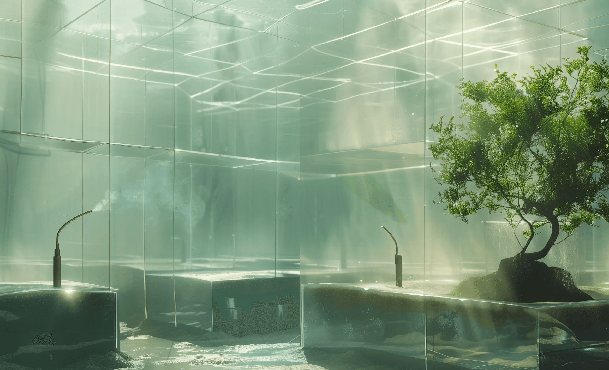 The inside of an expansive glass greenhouse, filled with large trees being hydrated with vapour.