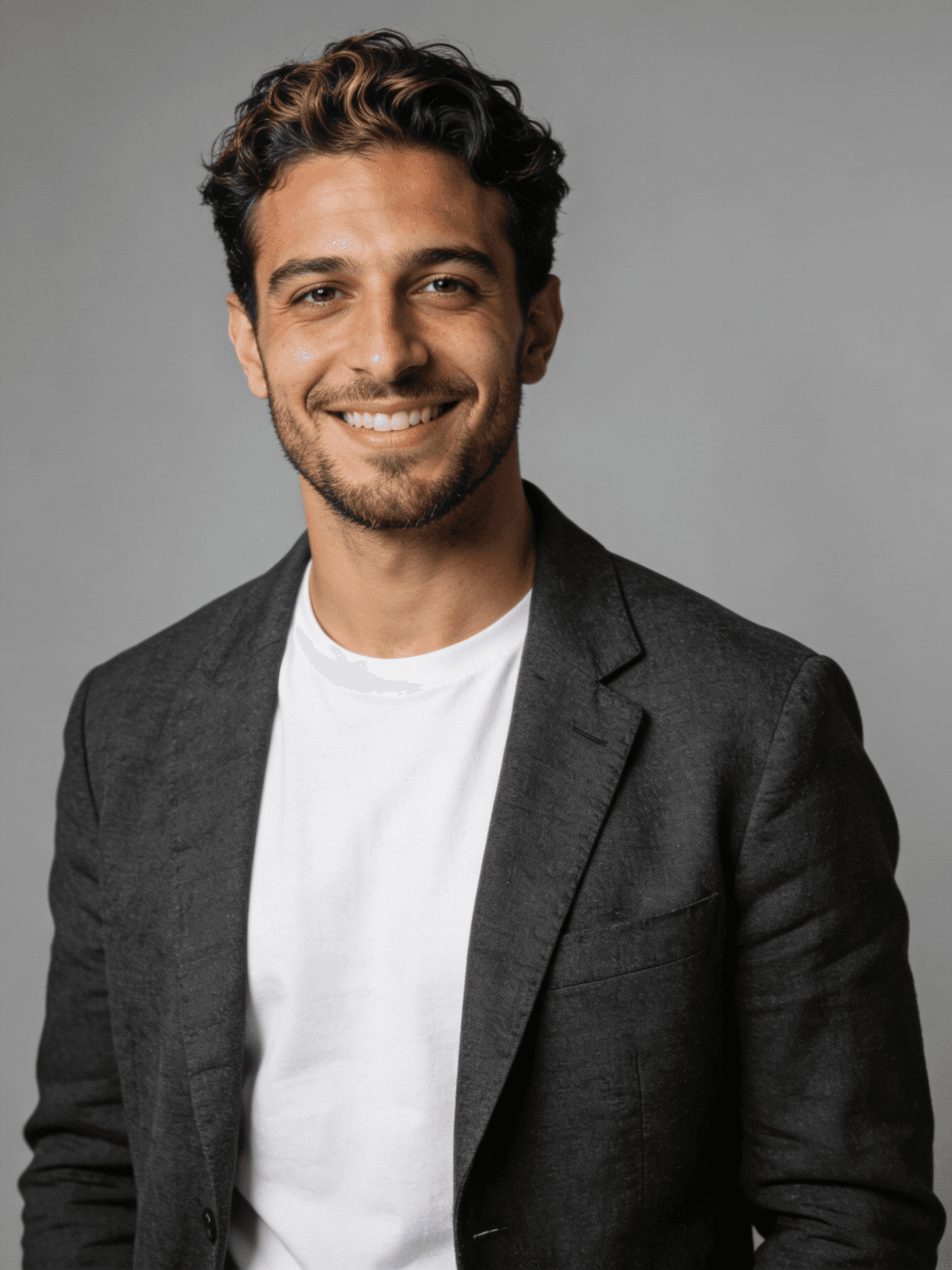 A friendly man with wavy hair and a beard, wearing a gray blazer and white t-shirt, smiles warmly against a neutral gray background.