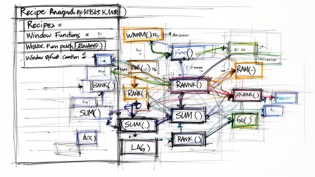A hand-drawn flowchart illustrating various SQL window functions and their logical relationships in a data processing pipeline.