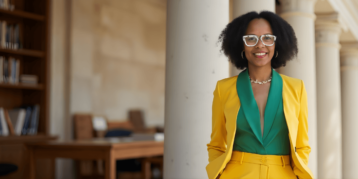 A smiling woman stands confidently in a bright, sunny hallway. She wears a vibrant yellow suit with a green blouse and large glasses. Bookshelves are in the background.