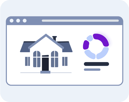 An illustrated web browser window features a stylized house icon and a colorful circular logo, representing digital real estate solutions.