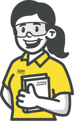 A cheerful cartoon female plumber with a big smile, wearing a yellow shirt and holding a book.