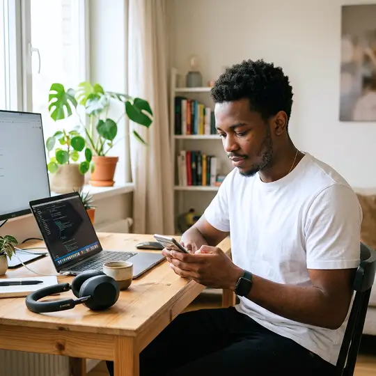 A man sitting at his desk in a bright home office, looking at his smartphone while surrounded by tech gear, illustrating how Whisprice simplifies tracking prices for laptops and headphones on Amazon.