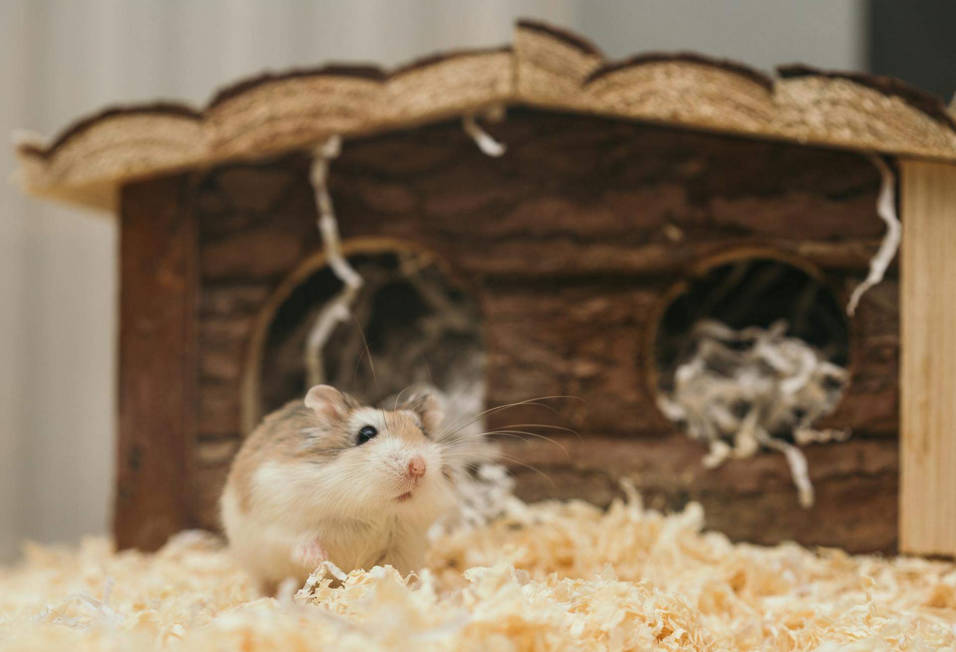 A hamster in an enclosure with soft bedding and a wooden hideout
