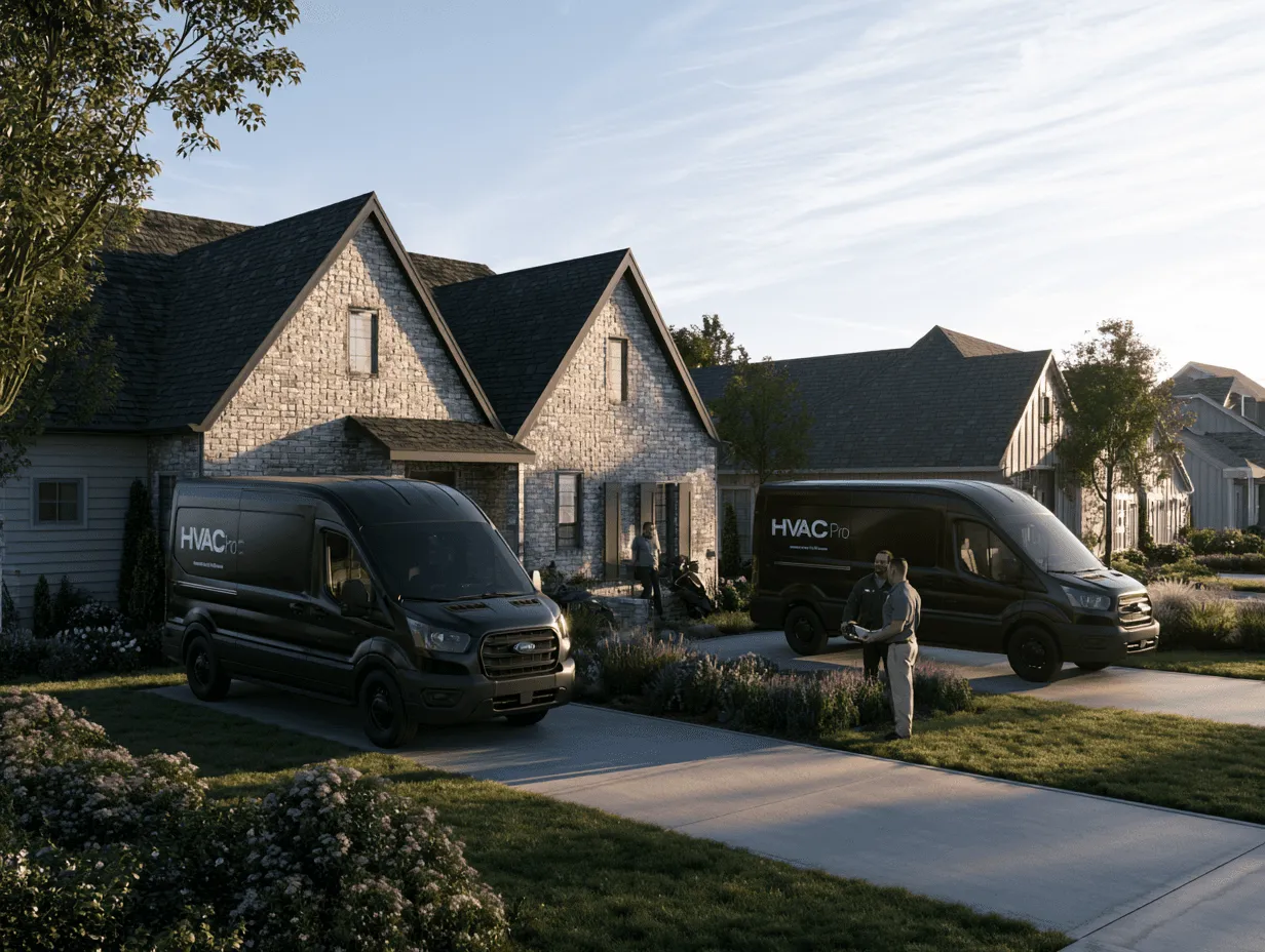 HVAC Pro vans parked in driveway of house