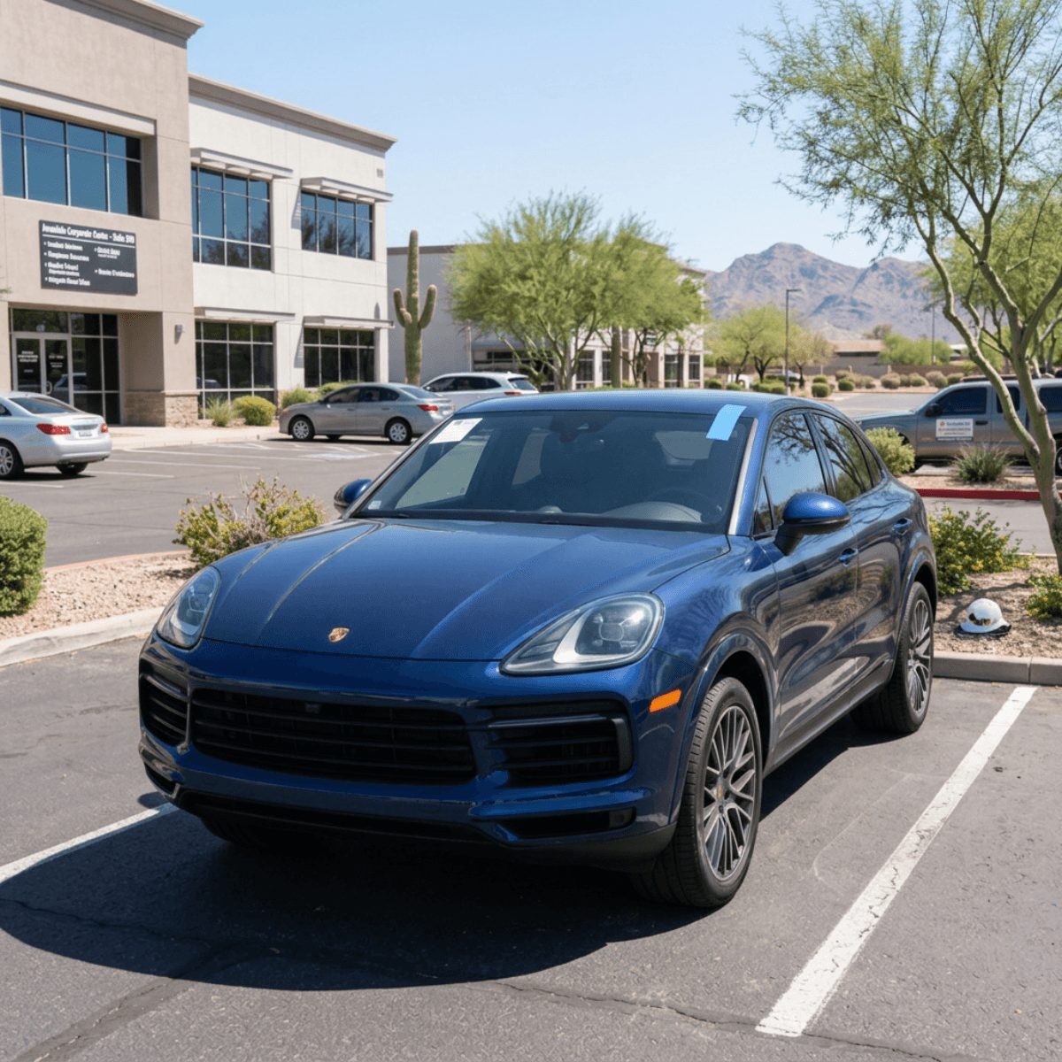 Blue Porsche Cayenne that received expert windshield repair service in Benson, Arizona