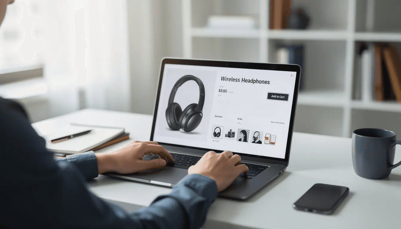 A person is seated at a desk, focused on a laptop displaying an online store's product page featuring high-quality images and detailed product descriptions. This setup highlights the importance of well-optimized product pages in enhancing customer confidence and driving sales for ecommerce store owners.