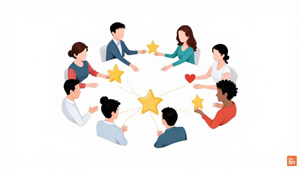 Diverse team members at a table share and receive golden stars, representing employee recognition.