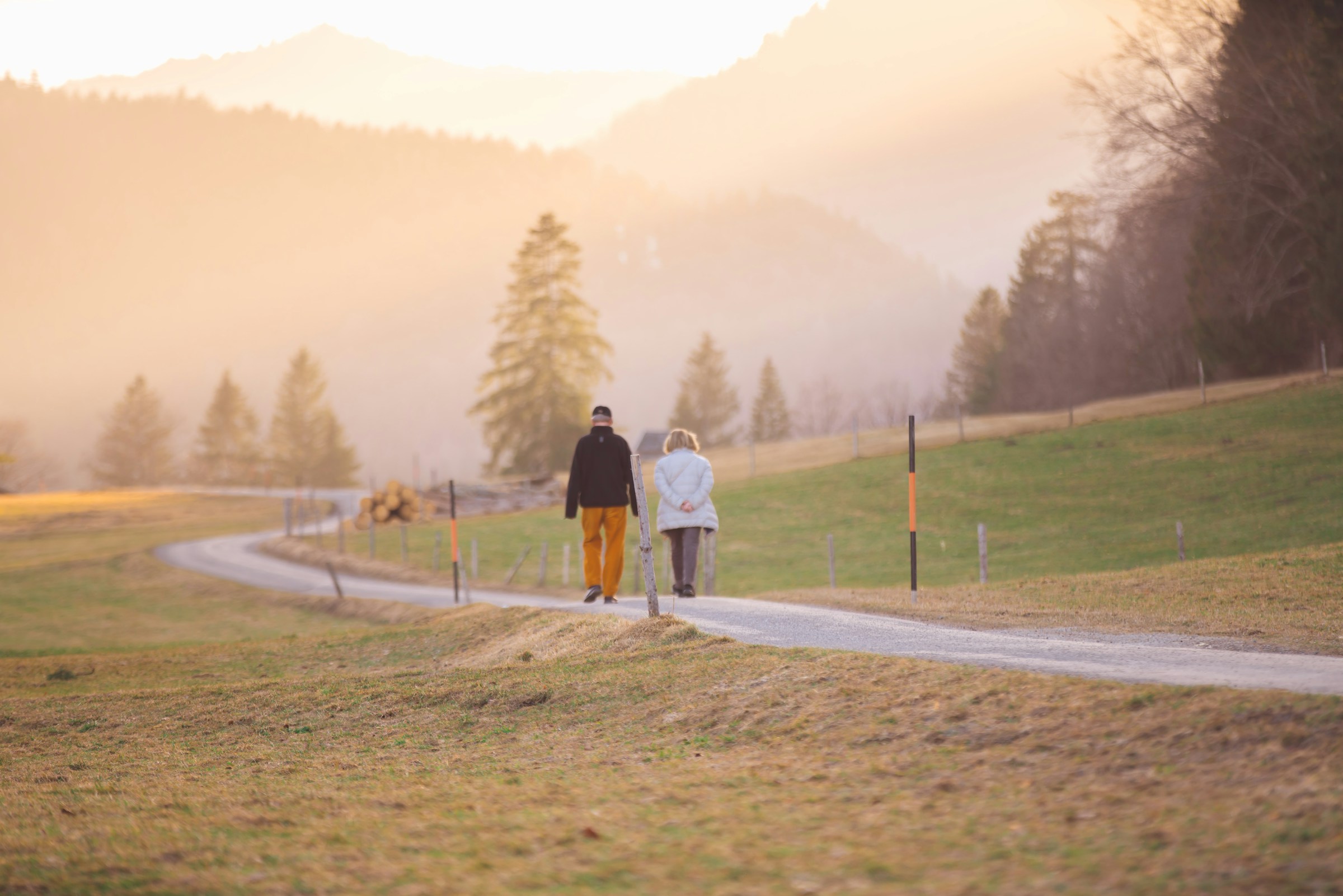 Couple walking along a country road at golden hour with mountains in the distance.