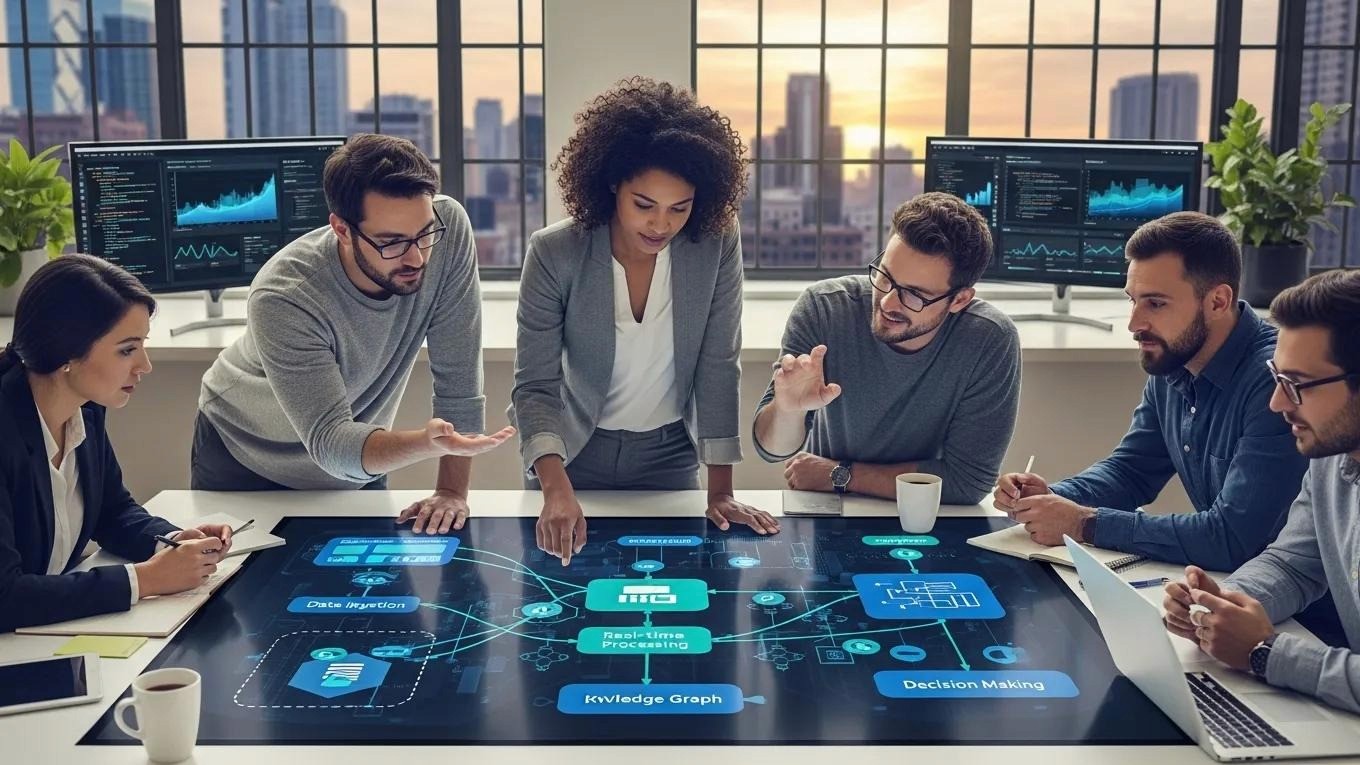 Diverse professionals collaborating on integrating Memory-as-a-Service into AI workflows with digital interfaces