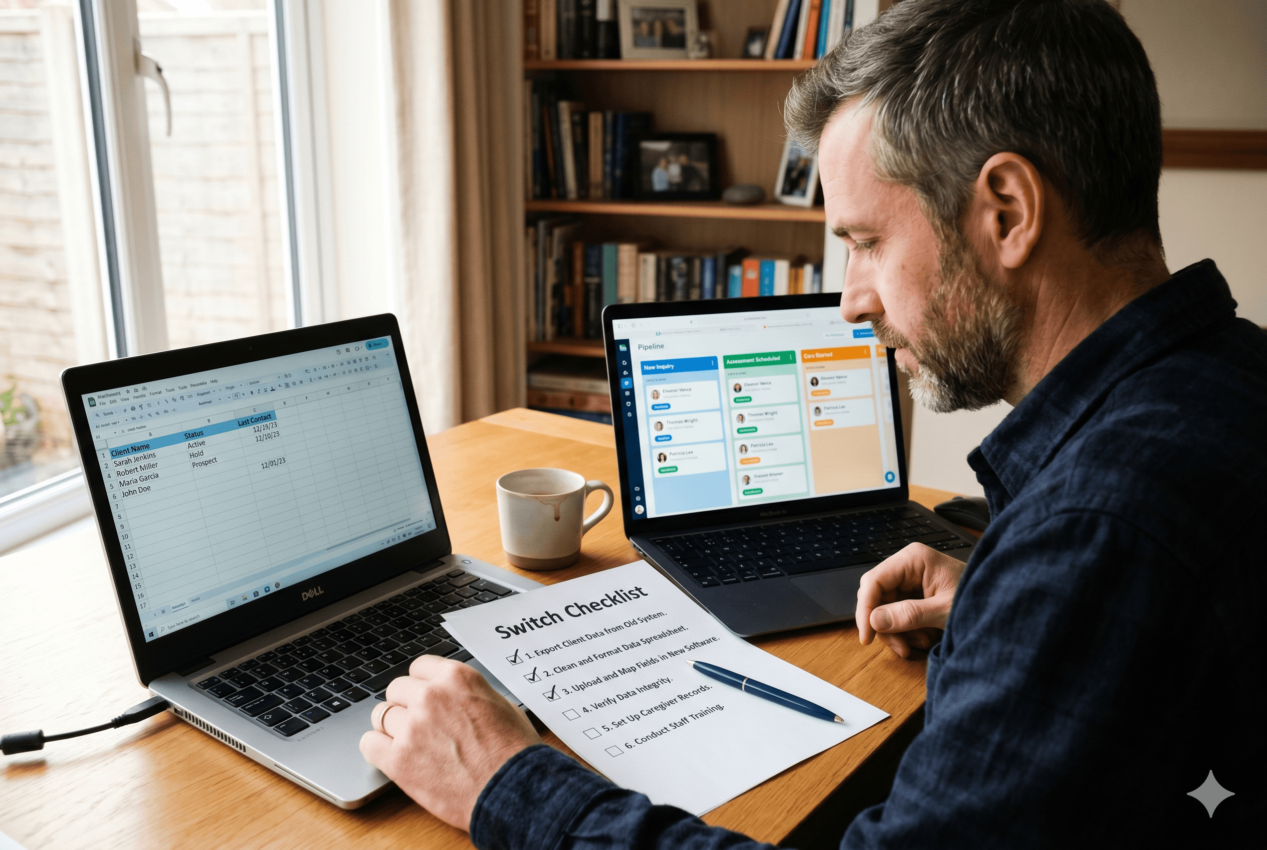 A focused home care agency owner in his early forties navigates a software data migration at a sunlit wooden desk, with a legacy client spreadsheet on one laptop and a new color-coded pipeline dashboard on the other, referencing a checked-off migration checklist that sits between them.