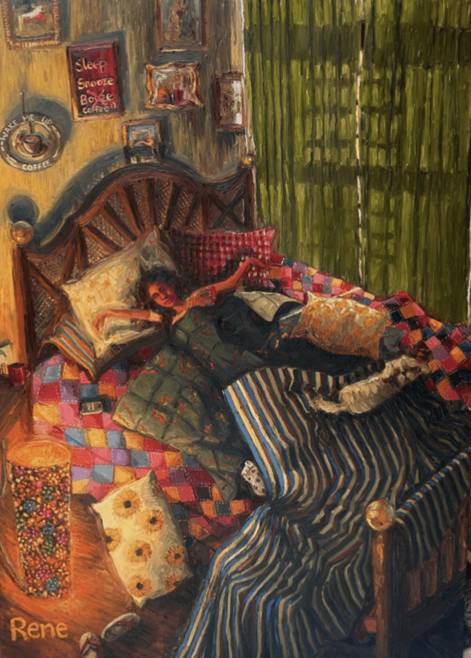 herd of sheep on road painting