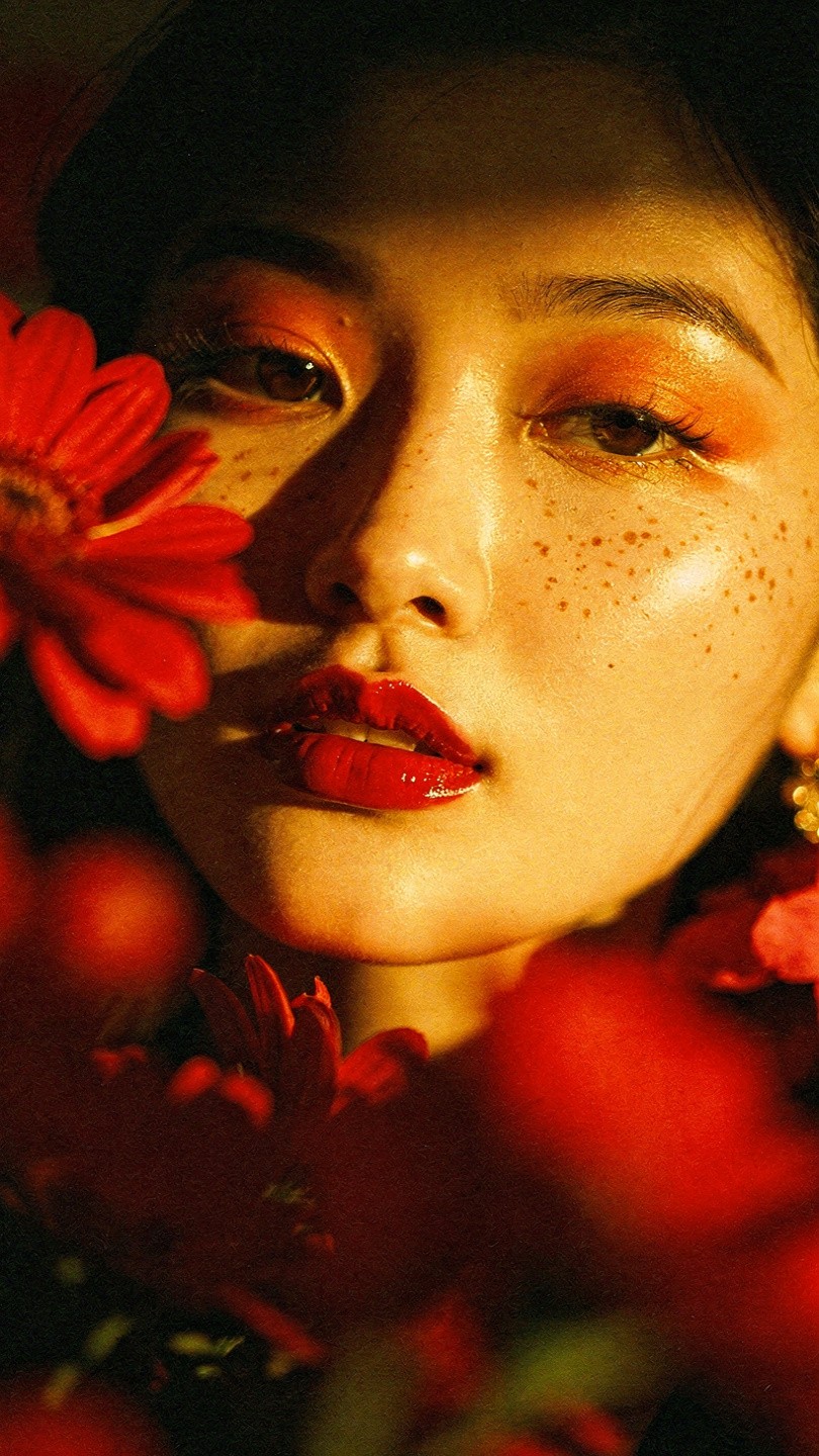 Close-up of a woman with bold red makeup and freckles, surrounded by red flowers. Warm lighting casts shadows, creating a dramatic, vibrant tone.