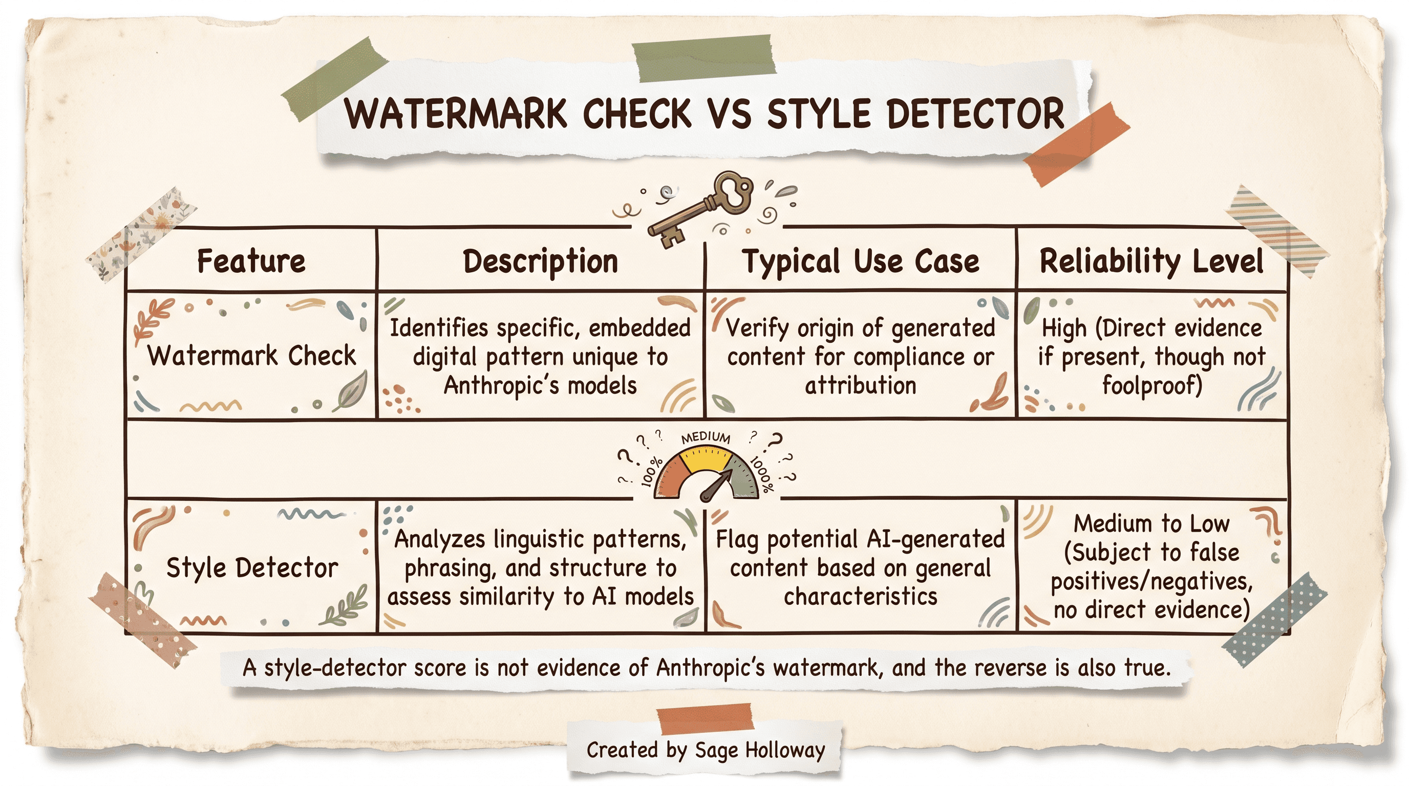 Comparison table of a statistical watermark check versus a style-based AI writing detector