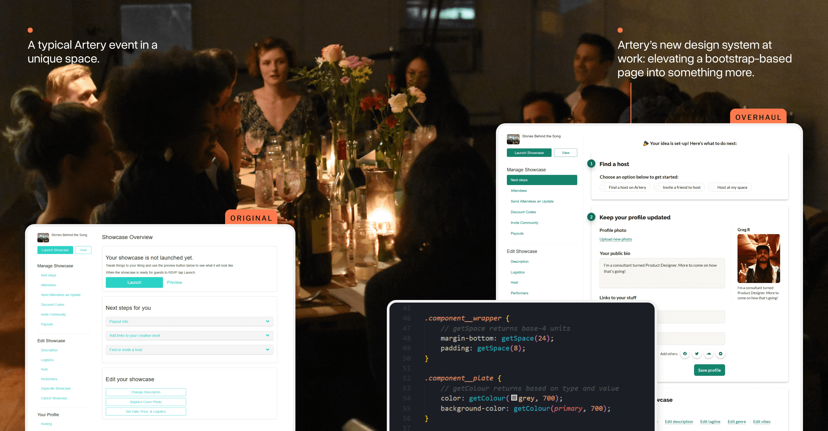 A comparison between the old Artery design system based on Bootstrap and the new custom one that was created. In the background a group of people eat a meal in an artist’s loft.