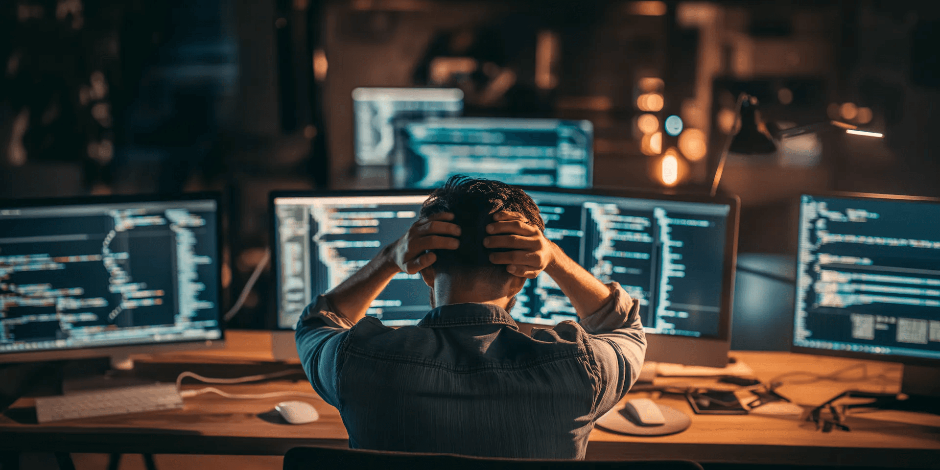 A person with their hands on their head stressed at their desk in front of their computer