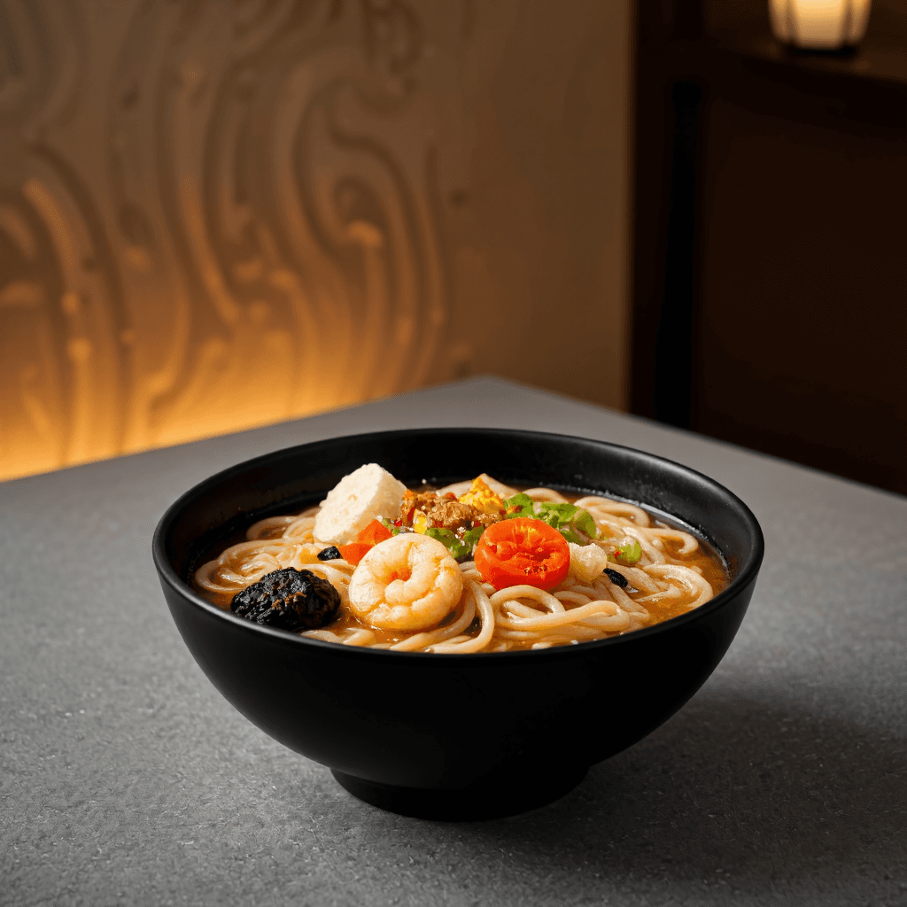 product photography of a bowl of noodles with seafood and vegetables