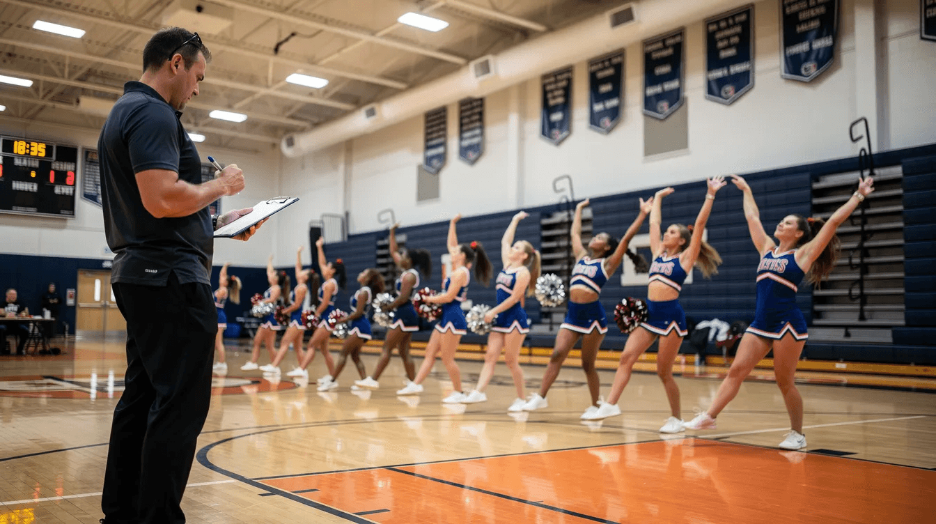 A coach stands in a gymnasium holding a clipboard, intently evaluating cheerleaders during a tryout session for a cheerleading club. The atmosphere is filled with energy as athletes showcase their skills, while parents and coaches observe the competitive teams in action.