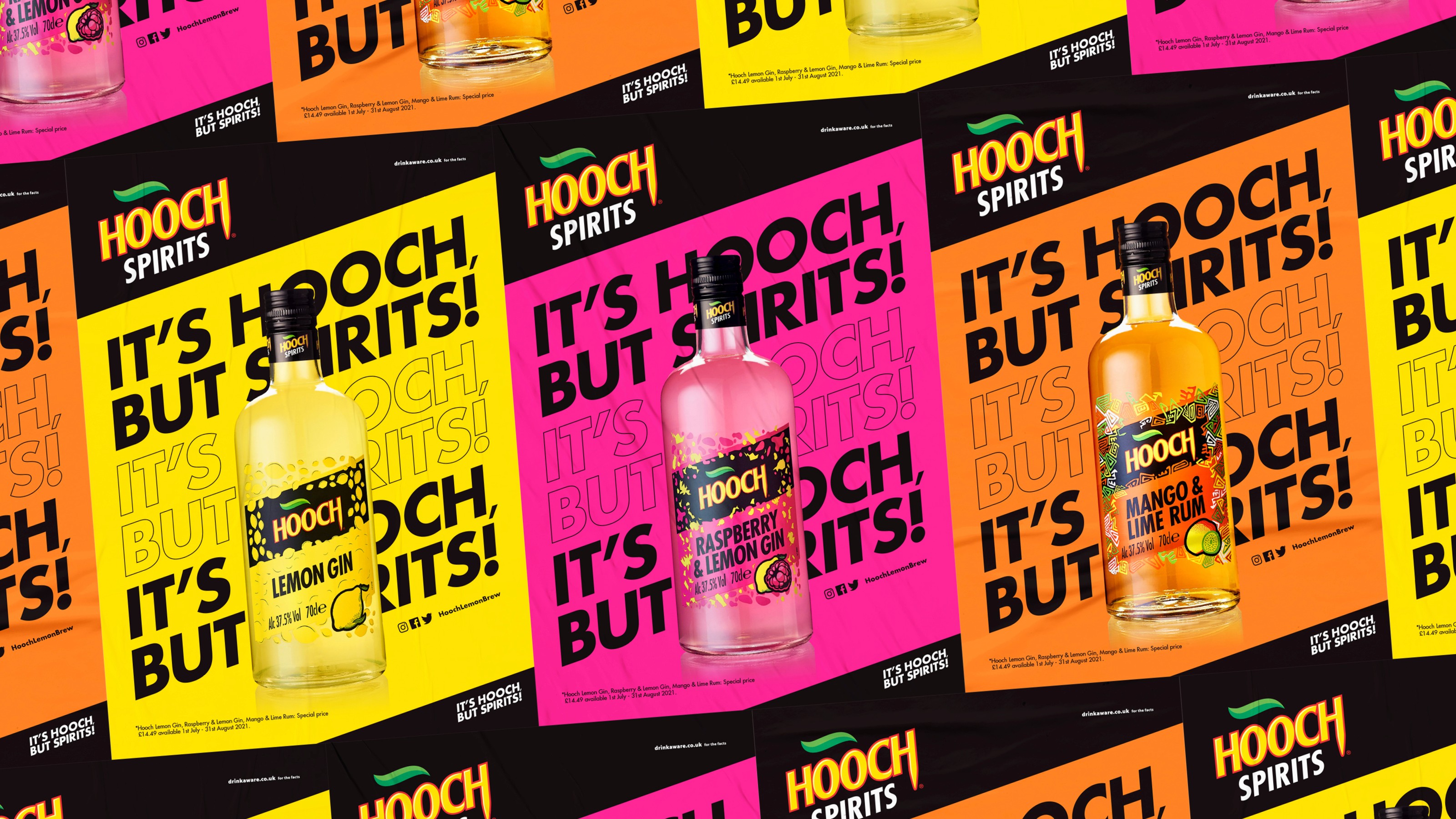 Hooch Spirits brand identity visuals showing bold typography, colour palette and playful graphic language.