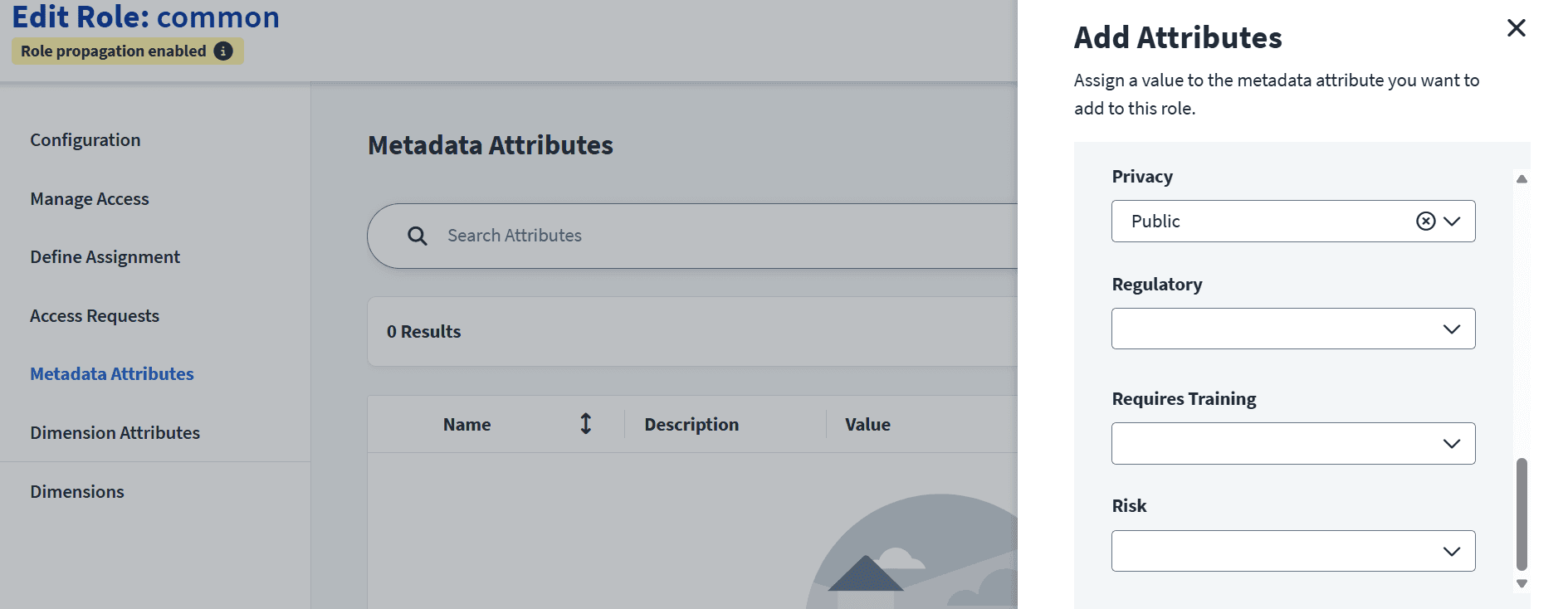 Metadata attributes configuration screen in SailPoint ISC for adding role attributes like privacy, regulatory, and risk levels.