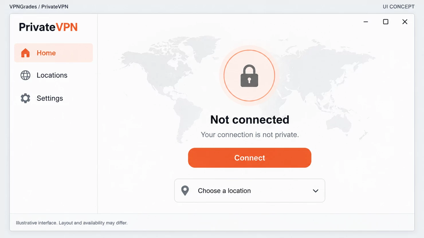 PrivateVPN: a desktop connection interface (illustration).