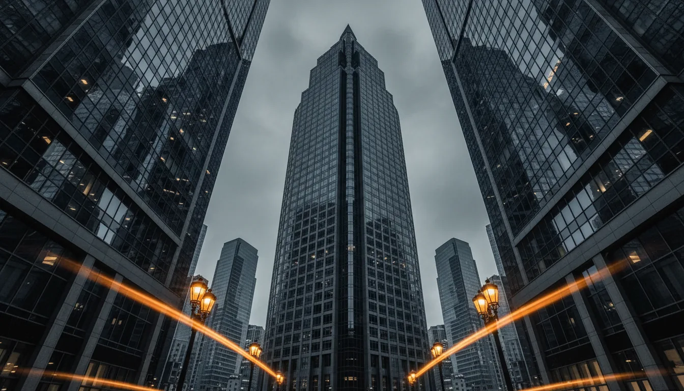 DSLR photograph, dramatic worm's-eye view looking up at the symmetrical architecture of modern glass skyscrapers, centered on a tower with a stepped pyramid top. Shot with a wide-angle lens, creating converging vertical lines. The facade is made of dark reflective glass, mirroring the moody, overcast sky and adjacent buildings. The scene has cinematic contrast with a mostly desaturated, monochromatic color palette, accented by the warm glow of orange streetlights in the foreground. Sharp focus throughout, capturing the crisp details of the steel window frames.