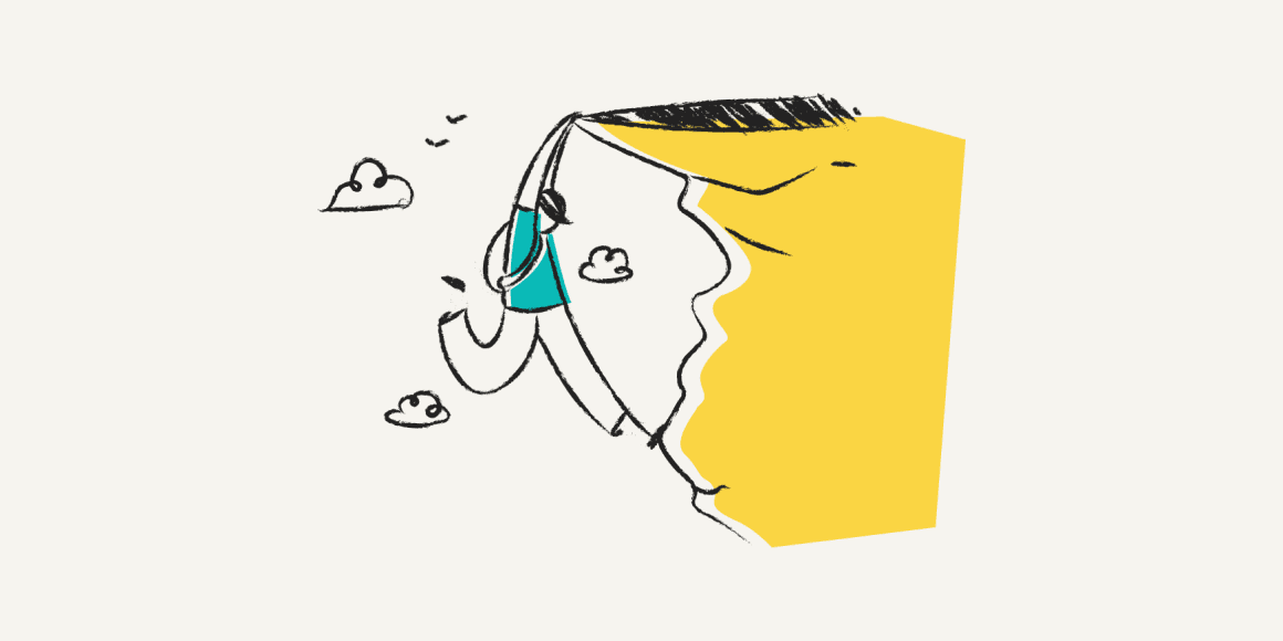 Illustration of a person with a backpack stepping back from the edge of a cliff