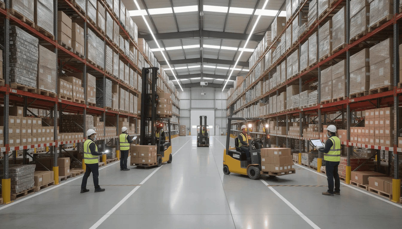 The image depicts a large warehouse filled with organized shelves stacked with boxed products, while workers operate forklifts to manage inventory. This setting illustrates the operational efficiency crucial for ecommerce brands, facilitating streamlined backend operations and supporting high volume businesses.
